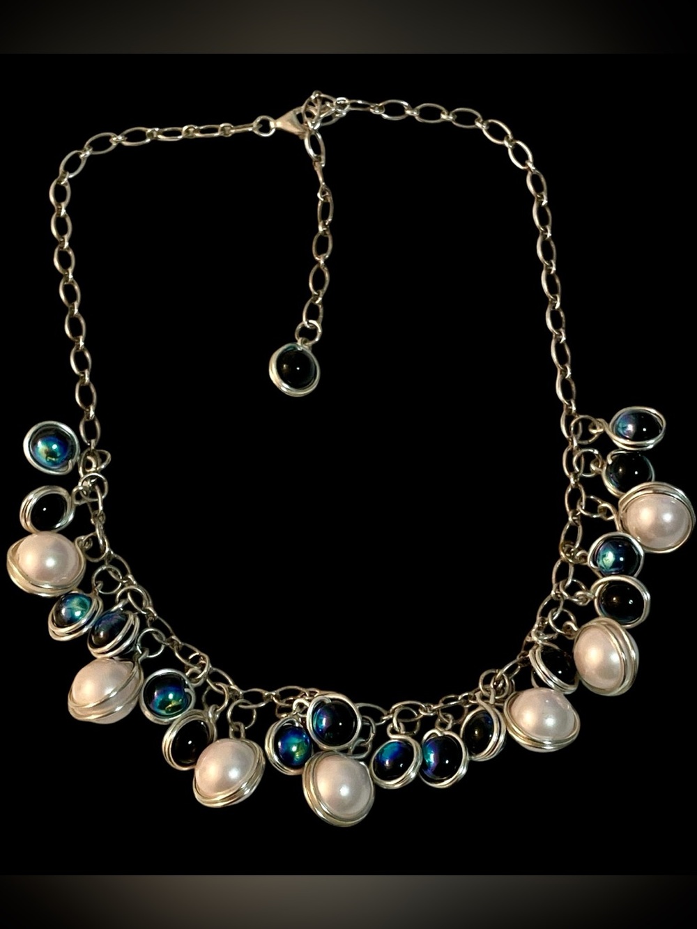Vintage Sterling Silver Faux Pearl and Iridescent Bead Charm Bib Necklace